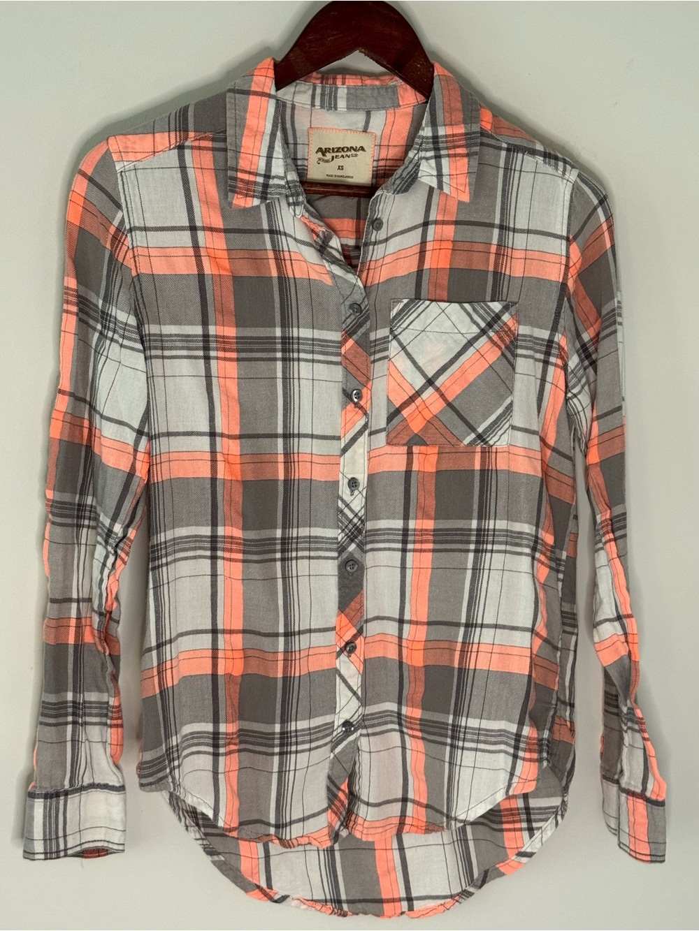 Arizona Jean Company Gray, White & Coral Plaid Button-Down Shirt